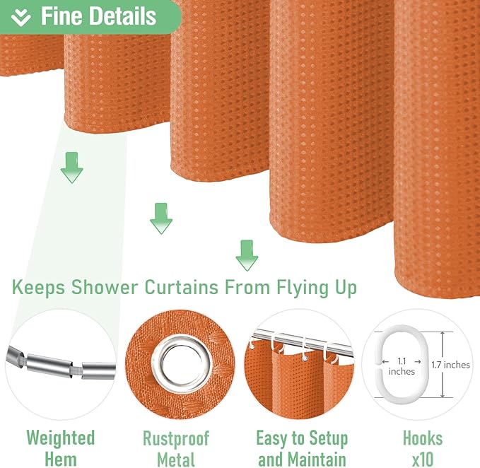 Dynamene Stall Fabric Shower Curtain - 54x78 inch Long Waffle Weave Weighted Thick Cloth Shower Curtains for Bathroom, Heavy Duty Hotel Spa Luxury Bath Curtain Set with 10 Plastic Hooks, Burnt Orange
