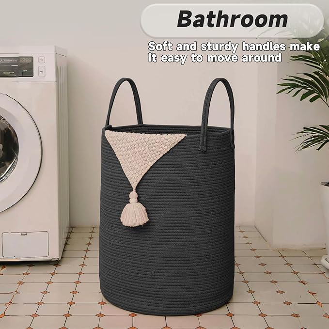 JMvicyroam Large Woven Laundry Basket Hamper,100L Cotton Rope Storage Bin for Blankets,Toys and Clothes,Decorative Tall Nursery Hamper for Living Room,Baby Nursery,Bathroom and Bedroom,Black
