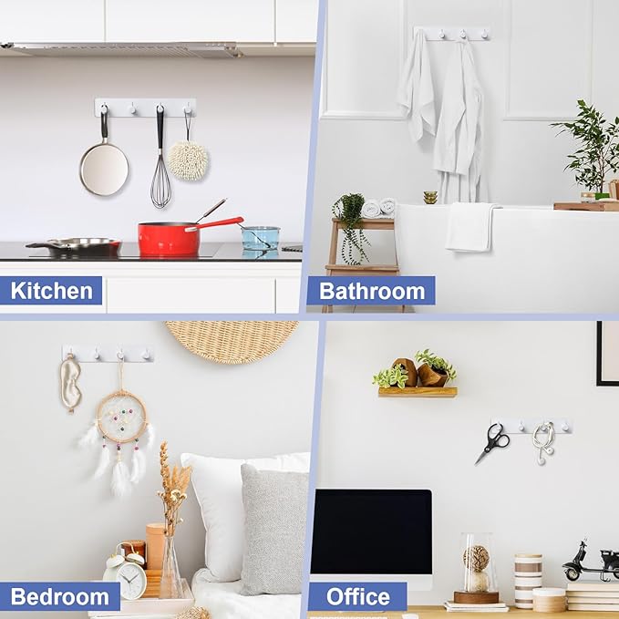 Key Holder with 4 Hooks,Key Hanger Organizer for Wall Mount with 2 Self-Adhesive Tapes,Metal Key Rack for Entryway, Door, Bathroom, Kitchen(White)