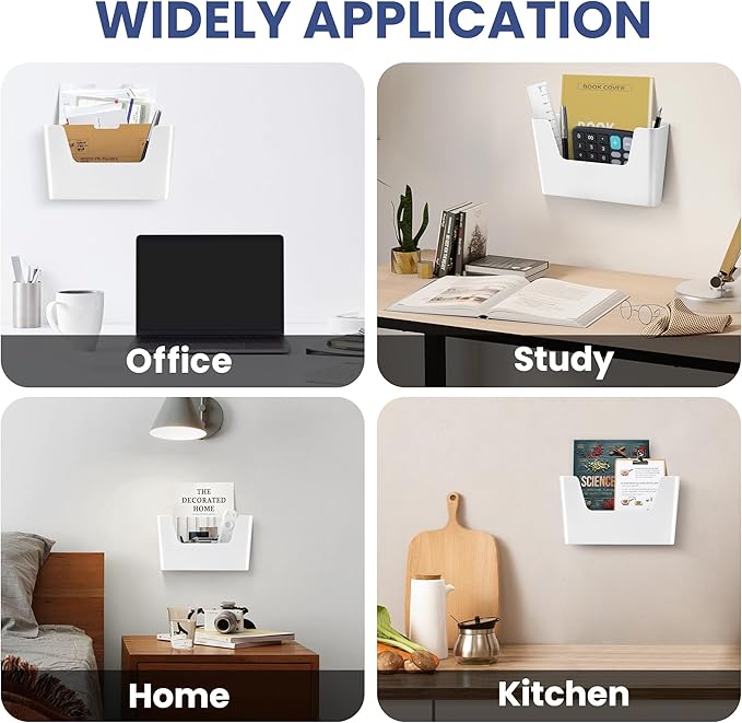 JOMOLA No Drilling File Holder 3 Pack Mail Organizer Wall Mount File Organizer Holder Office Wall Hanging Files Magazines Organizer Plastic Door Mount Wall Pocket with Adhesive Pad, White Color