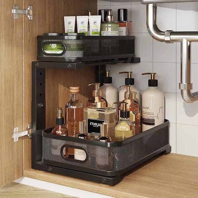 1 Pack 15.7IN-Depth Under Sink Organizer With Smooth Cylindrical Rail,2-Tier Pull Out Multi-Purpose Cabinet Storage for Bathroom&Kitchen,Height Adjustable,Rust-resistant Coating-Black