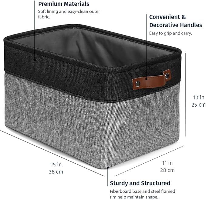 OrganiHaus Large Fabric Storage Baskets for Shelves 3 Pack, 15x11in Closet Storage Bins, Canvas Storage Bin for Organizing, Cloth Baskets, Linen Closet Organizers, Gray/Black