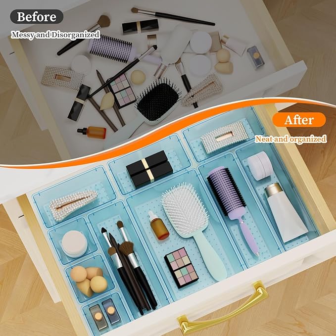 StorMiracle 32 PCS Clear Plastic Drawer Organizer Set, 4-Size vanity organizer Trays and Storage Bins for Makeup, Jewelry and Gadgets in Bedroom, Bathroom and Office, Clear Sea Blue