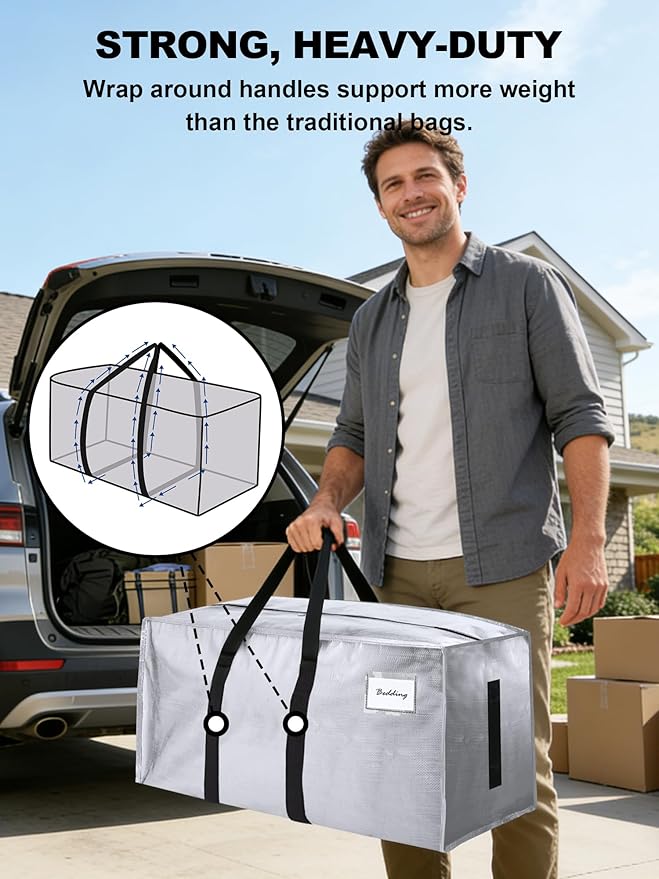 HOMESURE Supports 200lbs Heavy Duty Moving Bags - Strong Zipper & Wrap-Around Handles - Water-Resistant Storage Totes, Durable Alternative to Moving Boxes - 4 Pack - Silver