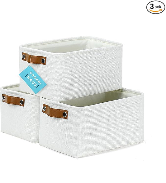 OrganiHaus Small Fabric Storage Baskets 3 Pack, 12x8in Cloth Storage Bins for Shelves, Small Baskets for Organizing Bathroom Pantry Closet, Canvas Shelf Baskets, Off-White