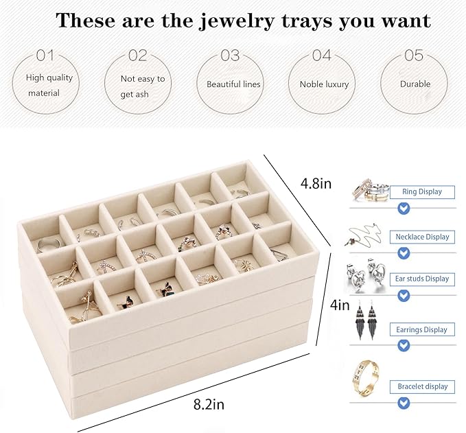 Velvet Jewelry Organizer for Drawer, Stackable Jewelry Drawer Inserts in Dresser, 8in Beige Storage Display Case for Rings Stud Necklaces Accessories, Set of 12