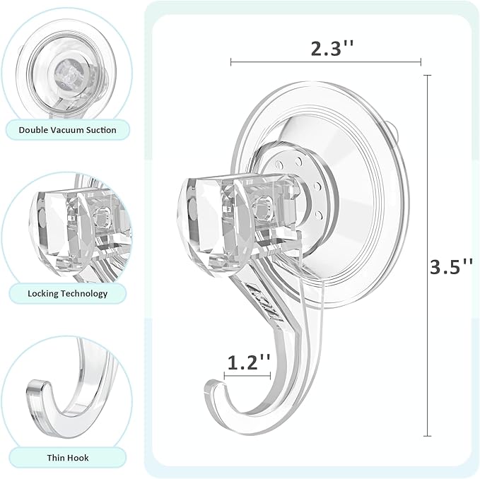 VIS'V Suction Cup Hooks, Small Shower Suction Hooks, Heavy Duty, Removable and Reusable, Clear, 2 Pcs