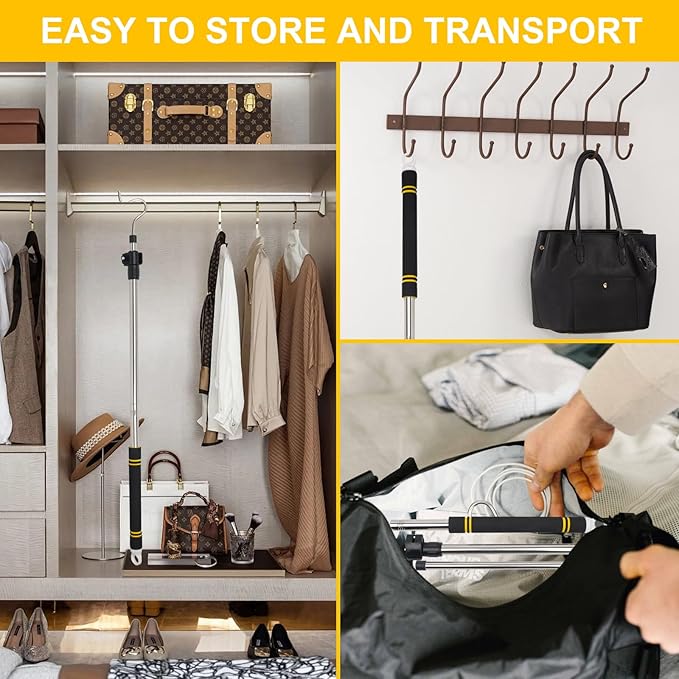 Clothes Hook Pole, High Reach Garment Hook 38“ - 63” Telescoping Pole with 3 Hooks and Foam Handle for Hanging Clothes String Lights Plants Grabbing Trunk Cargo Shelf Items