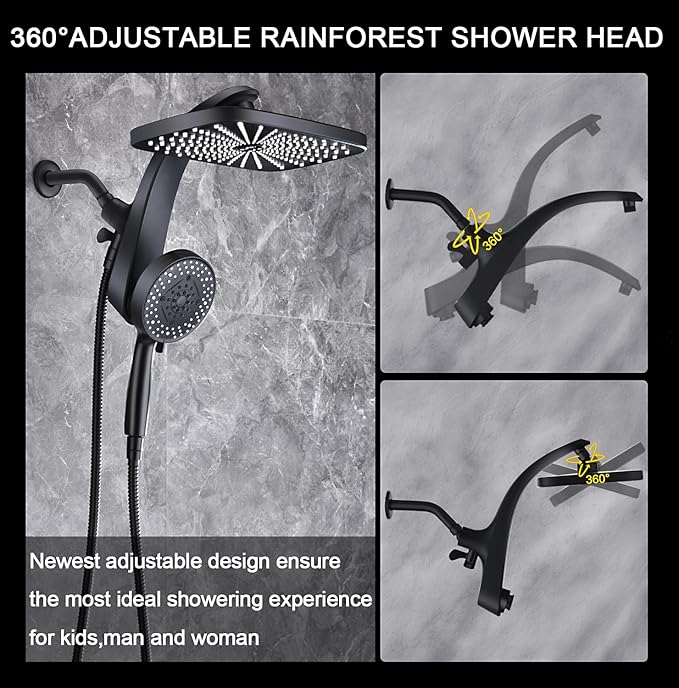BOZYBO Rain Shower Head with Handheld: High Pressure Shower Heads with Handheld Spray Combo, 12" Rainfall Shower Head and 9 Sprays Hand Showerheads with Magnetic Docking and Power Jets, Black 1.8GPM