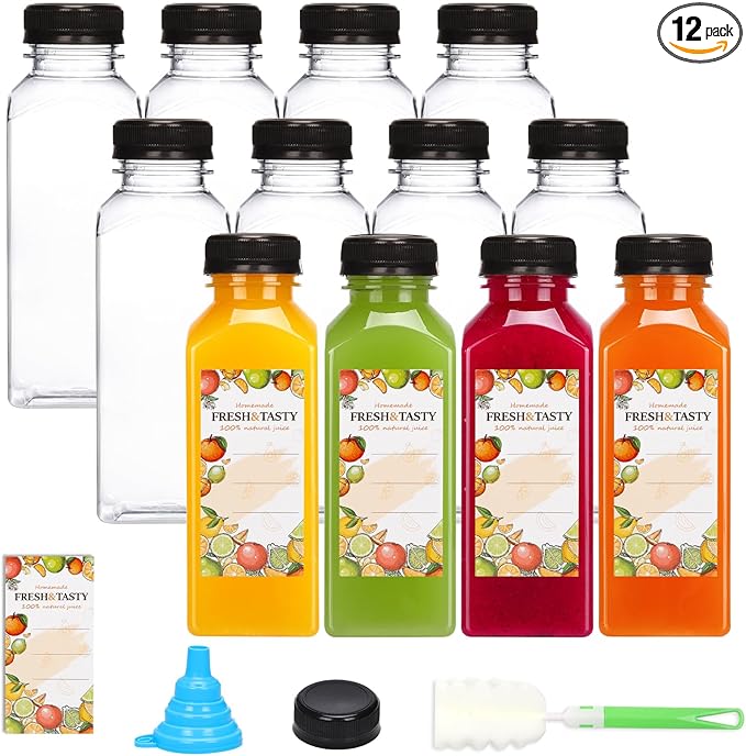 TOMNK 12pcs Juice Bottles, 12oz Reusable Plastic Juice Containers Bottles with Caps and Labels, Funnel, Brush Beverage Containers for Juicing, Smoothies, Tea, Milk