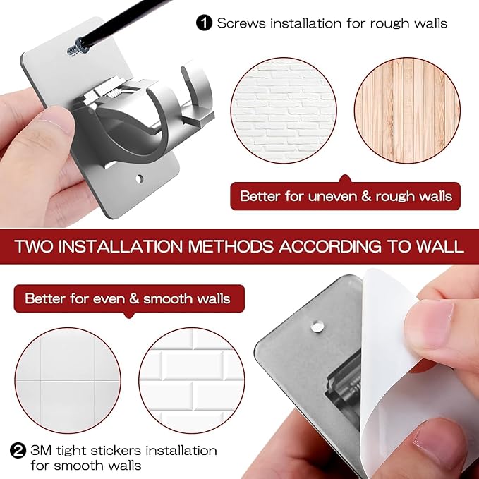 6PCS No Drill Curtain Brackets, Self-Adhesive Rod Holders, Universal Plastic Nail Free Adjustable, Curtain Hooks for Rods Less Than 1.57 Inch Diameter (Sliver)