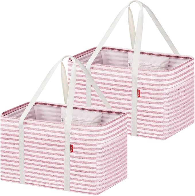 LHZK 2 Pack Utility Tote Bag with Metal Wire Frame and the Sides Rinforced, Large Tote Bag with Handle, Reusable Grocery Bags Foldable, Beach Bag, Car Tote (Pink, 18.5''x11.8''x11.5'')