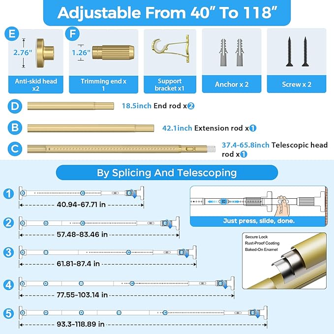 AIZESI 41-118 Inch Heavy Duty Gold Tension Curtain Rod - No Drilling, Adjustable, Rust-Proof for Outdoor, Living Room, Bathroom