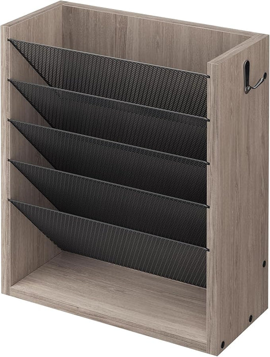 Creso hom Mail Organizer Wall Mounted, 6-Tier Wall File Organizer with 2 Hooks, Wooden Desk Organizer Magazine Holder with Bottom Flat Tray, for Office Home, Greige