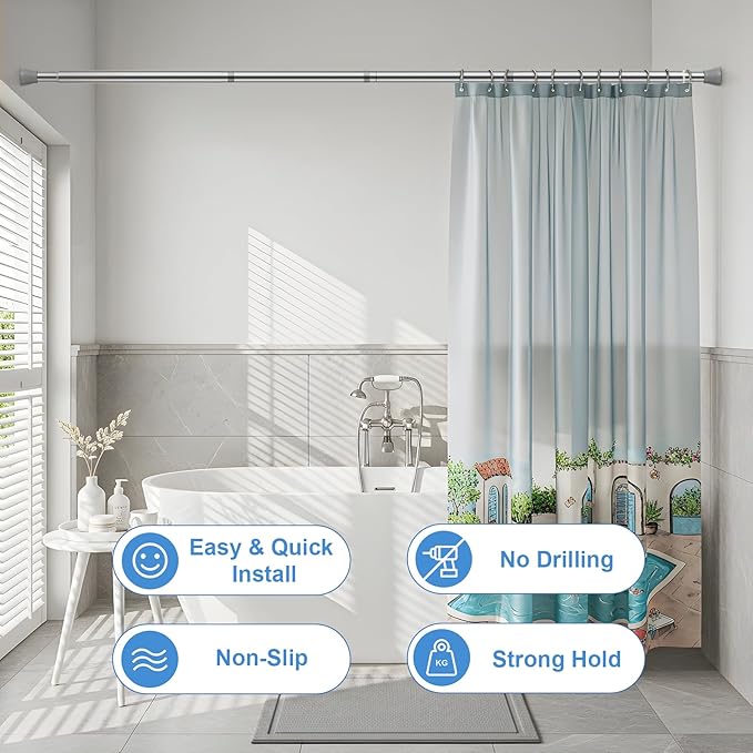 Shower Curtain Rod 45-77 Inch Silver Shower Rod Tension Rod Adjustable Curtain Rod No Drilling Tension Curtain Rod Shower Rods for Bathroom Tension Shower Curtain Rod