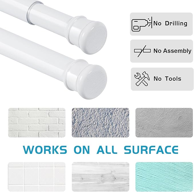 No Sectional Assembly Shower Curtain Rod 56-104 Inch, 1" Diameter Spring Long Adjustable Tension Curtain Rods for Bathroom Windows Closet No Drilling No Rust, White