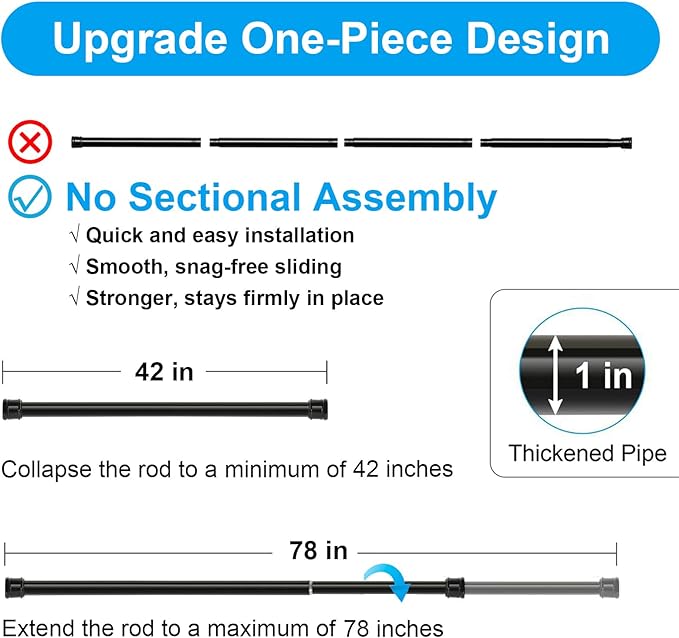 2 Pack No Sectional Assembly Shower Curtain Rod 42-78 Inch, 1" Diameter Spring Long Adjustable Tension Curtain Rods for Bathroom Windows Closet No Drilling No Rust, Black