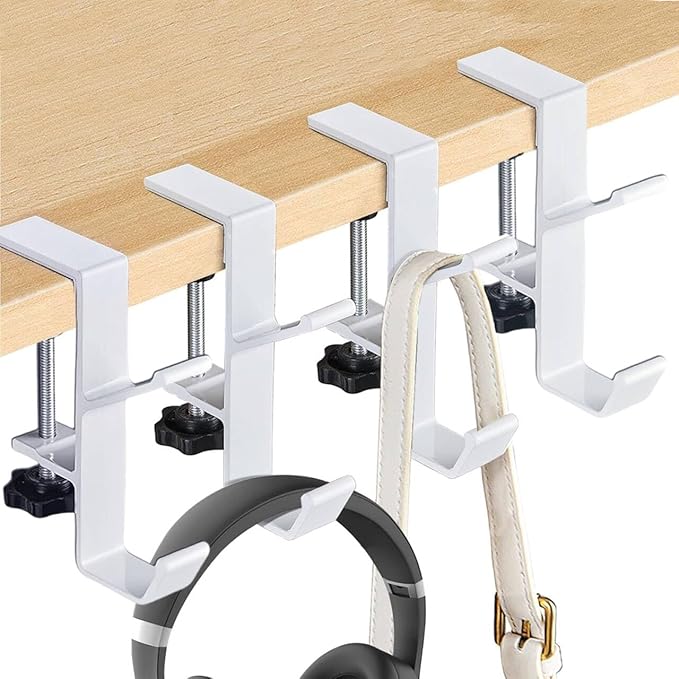 YUANQIAN Clamp-On Under Desk Headphone Holder Backpack Hook Students' Desk Hook with Adjustable Arm Clamp Women's Bag Handbag and Purse Holder -Suitable for Plate Between 1-5cm (4Pack White, 4)