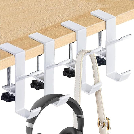 YUANQIAN Clamp-On Under Desk Headphone Holder Backpack Hook Students' Desk Hook with Adjustable Arm Clamp Women's Bag Handbag and Purse Holder -Suitable for Plate Between 1-5cm (4Pack White, 4)