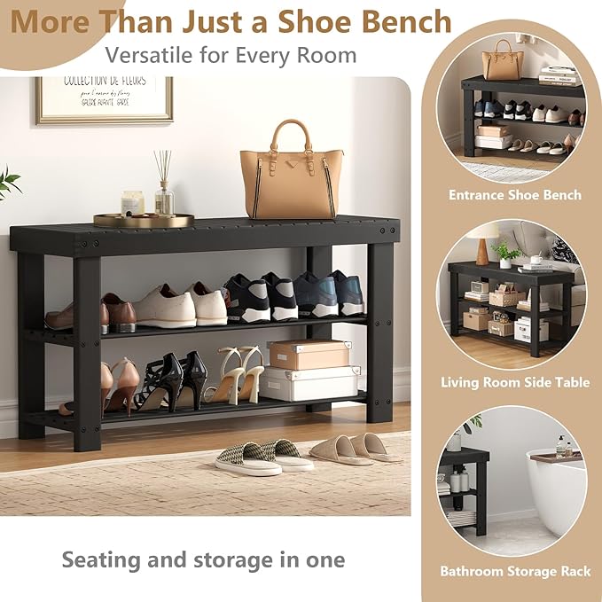 Sweetcrispy Shoe Rack Bench, 3-Tier Bamboo Entryway Storage Organizer, 286lb Capacity, Shoes Stand for FrontDoor Entrance, Bedroom, Living Room, Bathroom, Balcony, 35 Inches Length, Black