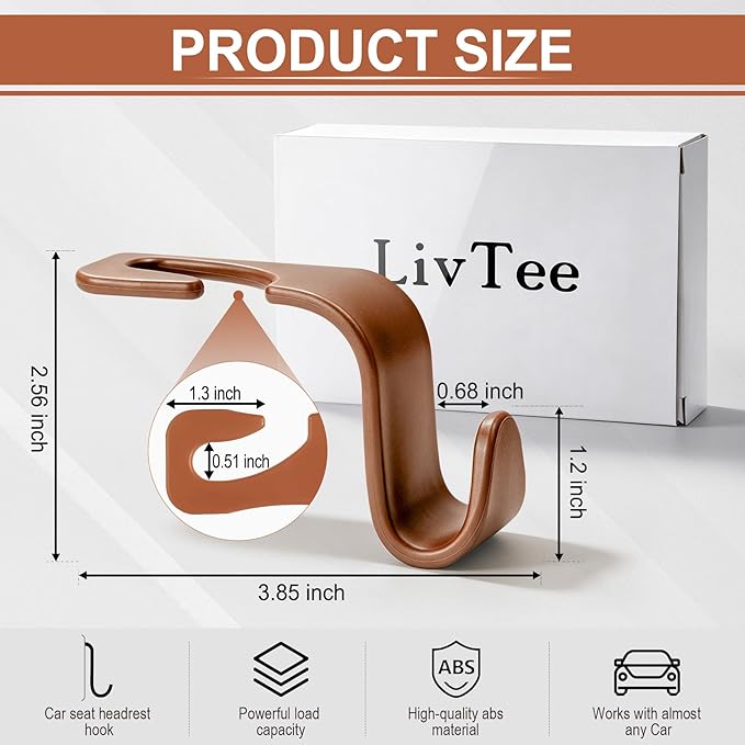 LivTee Car Seat Headrest Hook, Auto Seat Hook Hangers Organizer Interior Accessories for Purse Coats Umbrellas Grocery Bags Handbag, 4-Pack - Blown
