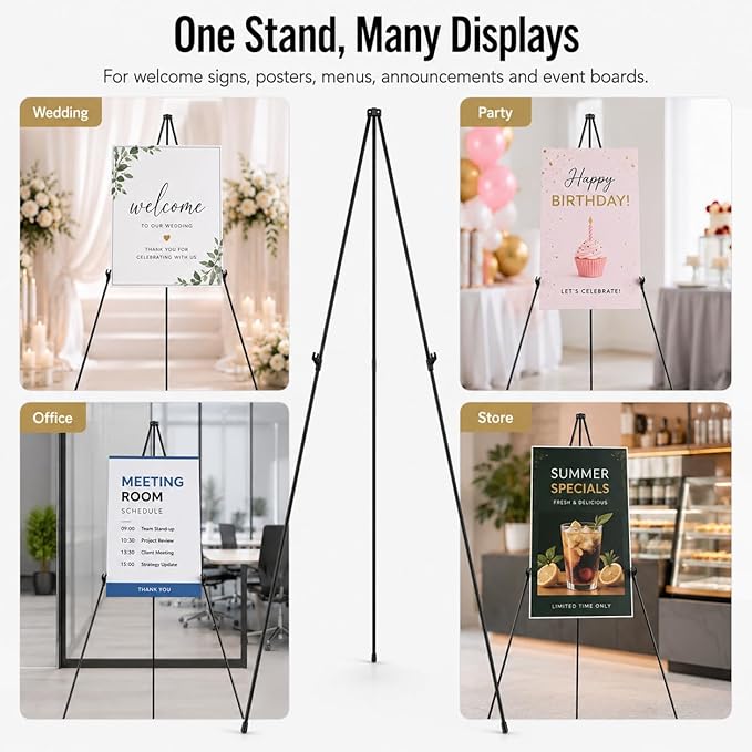 RRFTOK Easel Stand for Sign,63'' Instant Lightweight Portable Ground Easel for Wedding Sign and Poster Display Stand, Metal Tripod with Portable Bag,1-Pack.