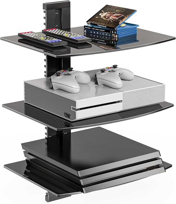 WALI Floating TV Shelf, 3 Tier Glass Projector Shelf for DVD Players, Routers, Game Consoles, Cable Boxes, Living Room Decor Accessories, Wall Mount Shelves Holds Up to 17.6lbs(CS303B), 3-Shelf, Black