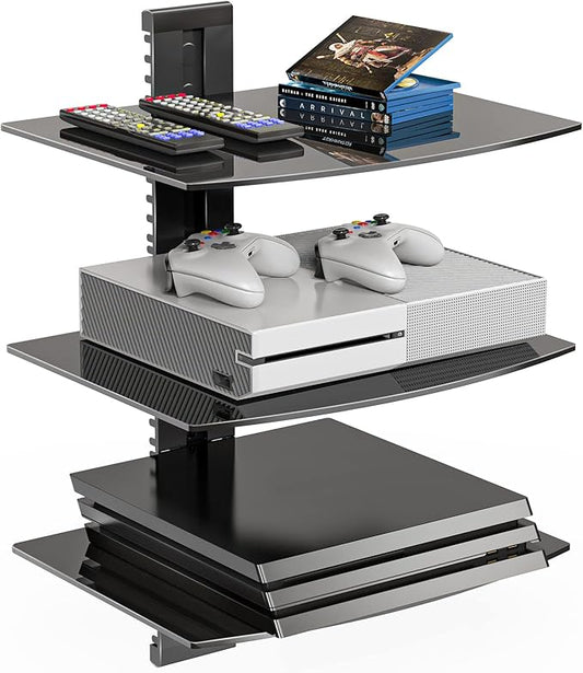 WALI Floating TV Shelf, 3 Tier Glass Projector Shelf for DVD Players, Routers, Game Consoles, Cable Boxes, Living Room Decor Accessories, Wall Mount Shelves Holds Up to 17.6lbs(CS303B), 3-Shelf, Black