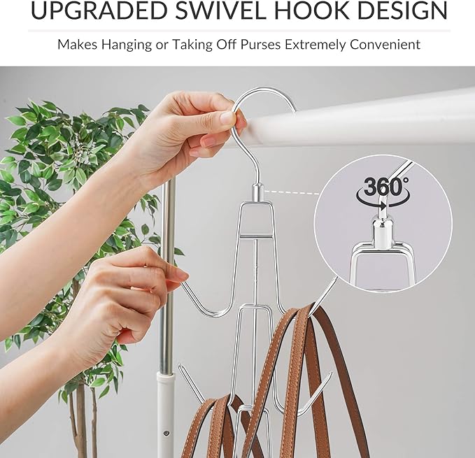 ZEDODIER 3 Pack Purse Organizer for Closet, Heavy-Duty Hanging Purse Hanger Closet Holds Up to 18 Purses, Metal Rotating Space Saving Bag Holder Handbag Storage Hook Backpack Rack, Silver