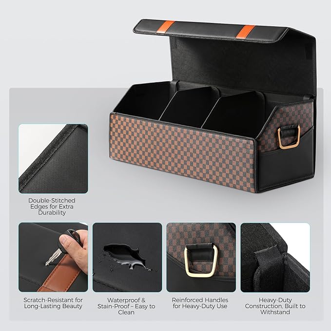 Fyzeoty Car Organizers and Storage - Trunk Organizer for Suv Car,Car Trunk Leather Storage Box,Extra Large,Magnetic Lid,Collapsible and Adjustable