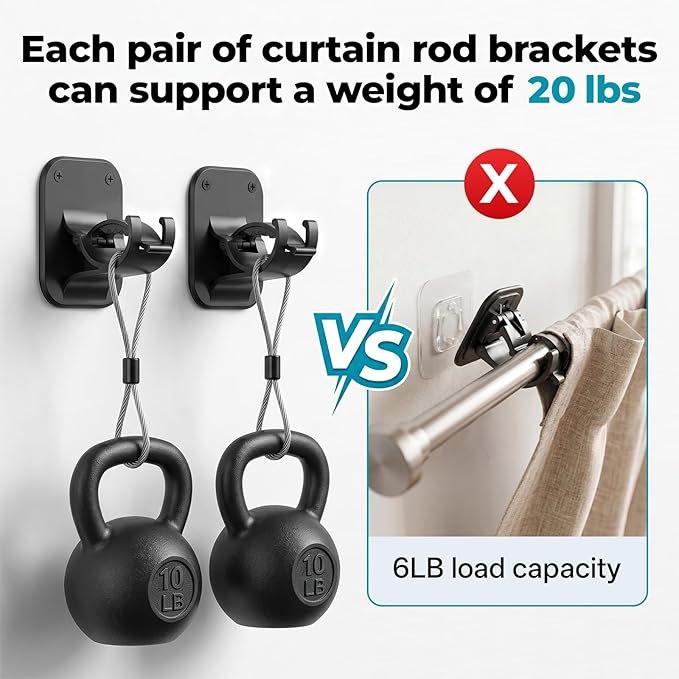 No Drill Curtain Rod Brackets - 20LB, 8 Pack Self Adhesive Curtain Rod Holder, Peel and Stick Wall Hooks, Renter Friendly Upgrades for Apartment, Kitchen, Bathroom, Dorm, Living Room and RV