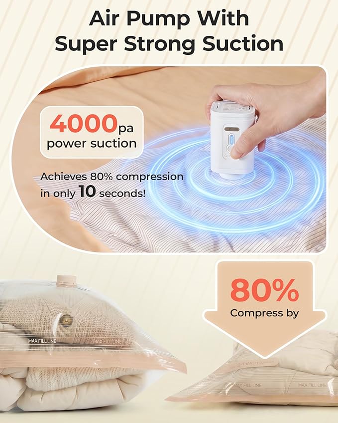 BAGSMART Vacuum Bags for Travel with Rechargeable Air Pump, Portable Space Saver Bags for Travel & Home, Vacuum Compression Seal Bag for Clothing, Blanket, 15 Pack-Khaki Brown