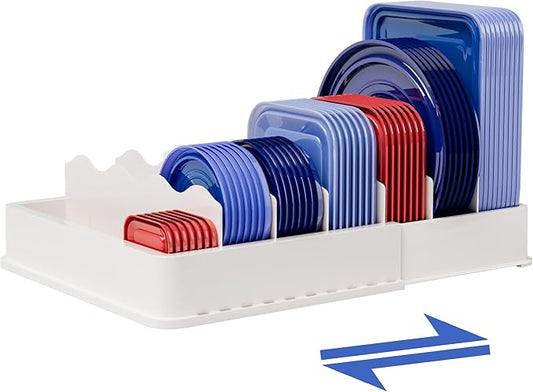 SWOMMOLY Expandable Food Storage Container Lid Organizer, Includes 6 Adjustable Dividers, 30 Preprinted and Blank Writable Labels, White