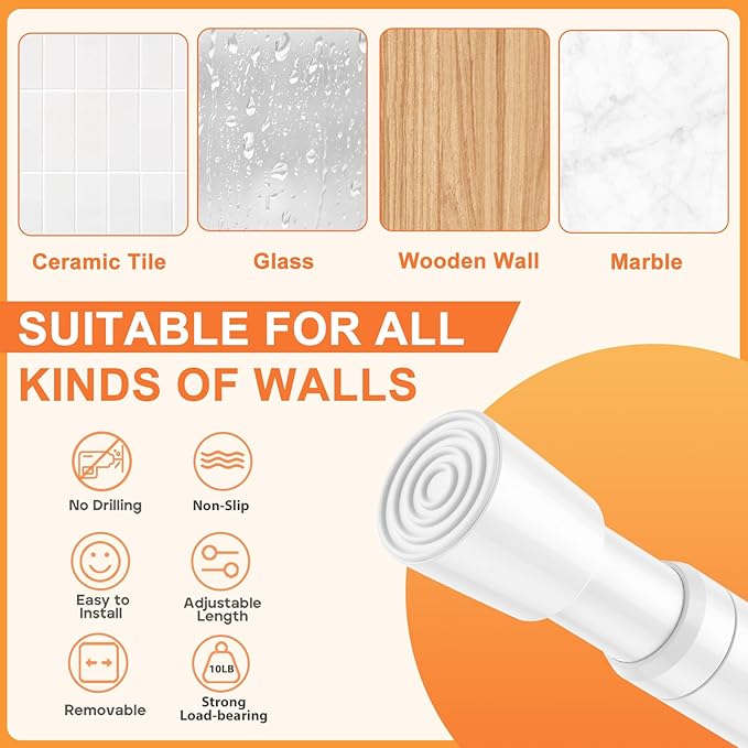 Tension Curtain Rod 18-39 Inch with 2 Brackets Adjustable Spring Loaded Curtain Rods No Drilling Extendable White Tension Rod for Window Door Closet Bookshelf Kitchen Bathroom