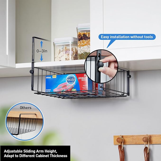 AmonHouseware 2 Pack Hanging Under Shelf Storage Basket,Adjustable Under Cabinet Add-on Storage Racks Slide-in Baskets Organizer for Laundry Room Kitchen Pantry Desk Bookshelf, Black