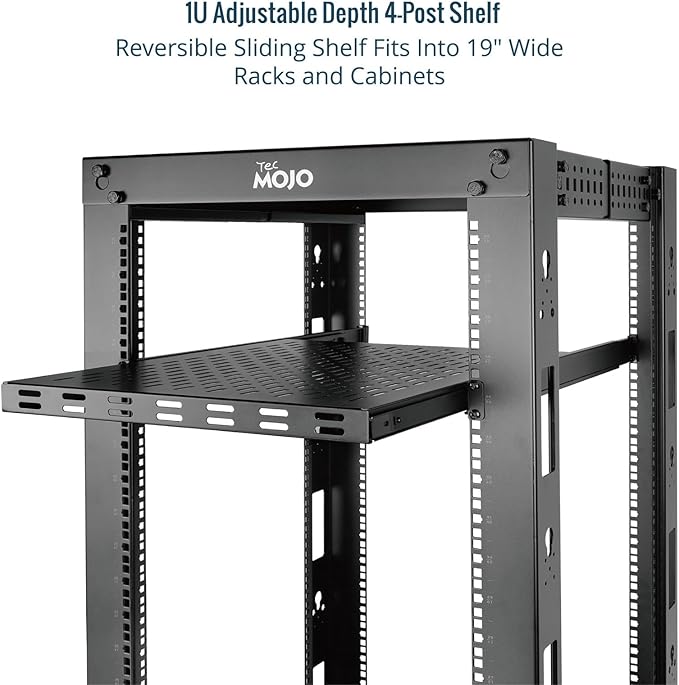Tecmojo 1U Sliding Rack Shelf,4-Post Vented Rack Mount Shelf,13.8in Deep with Adjustable Mounting Depth 13.8-19.7in,Supports to 110lbs,for 19 Inch AV/Network Equipment Rack,Unassembled,Black