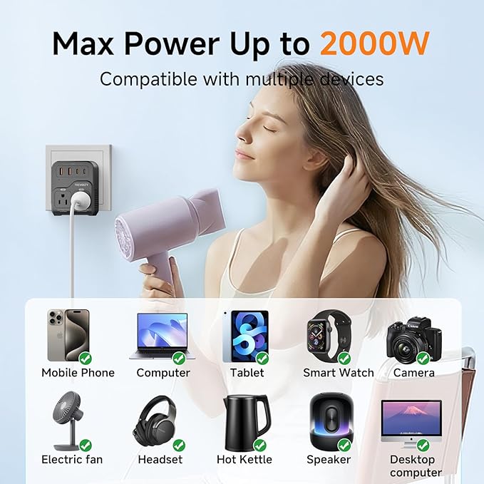 2000W Voltage Converter US to Europe, 220V to 110V Converter for Hair Dryer, 7-in-1 European Travel Plug Adapter with 3AC/2USB-A/2USB-C (PD20W), Travel Essentials (Black) (Black)