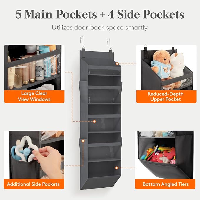 Lifewit 1 Pack Over the Door Organizer, 5 Section Clear Window Hanging Storage with 4 Side Pockets, Sturdy Anti Tilt 40 lbs Load Behind Door for Closet, Bedroom, Bathroom, Nursery, Dorm, Gray