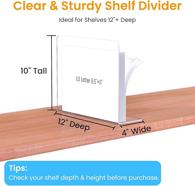 Purse Organizer for Closet Shelf Dividers - 10" Tall X 12" Deep Clear Acrylic Shelf Dividers for Closet Organization - Free-Standing Adhesive Design for Wood & Wire Shelves Bedroom Kitchen 4 Pack