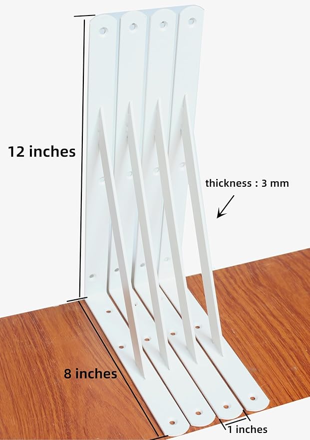 2 Pack L12 x H 8" White Heavy Duty Shelf Brackets with Screws Metal Shelf Brackets Shelf Support Angle Brackets for Shelves L Brackets Heavy Duty Floating Shelf