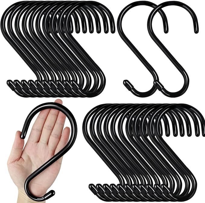 DINGEE 24 Pack Heavy Duty S Hooks, Non Slip Rubber Coated, 7mm Thick Metal Black S Hooks for Hanging Plants, Closet, Bird Feeders, Kitchen, Large Objects, Tools, Bikes