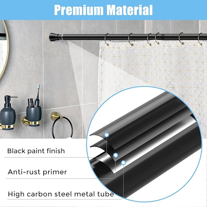 2PCS Black Tension Rods for Windows 28 to 48 Inch Adjustable Curtain Rod 7/8" Diameter Rust-Free Spring Tension Curtain Rod No Drilling Small Shower Rods for Bathroom Doorway Kitchen Closet