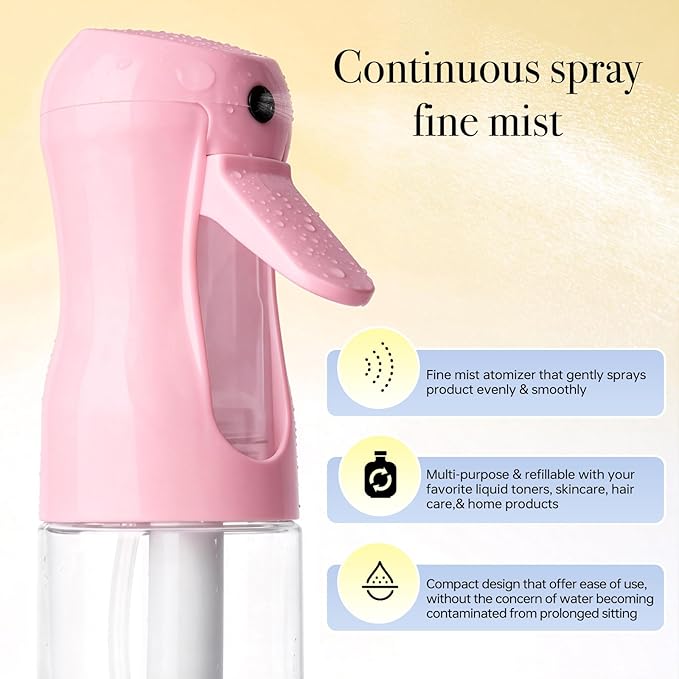 3Pcs Continuous Spray Bottles For Hair,Ultra Fine Mister for Hair Styling, Plants, Cleaning, Salon, Misting & Skin Care (200ml Blue+Pink+Clear)