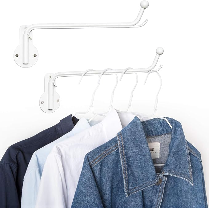 Mkono Wall Mounted Clothes Hanger with Swing Arm Holder Valet Hook Metal Hanging Laundry Drying Rack Space Saver for Closet Organizer, Laundry Room Organization Bathroom, Bedroom,2 Pcs, White