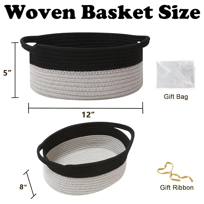Small Woven Rope Basket-Empty Gifts Basket with Bag and Ribbons,Cute Handle Organizer Box for Birthday/Baby Shower, Toy Storage, Nursery Organizing & Shelf Decor(Black&Grey)