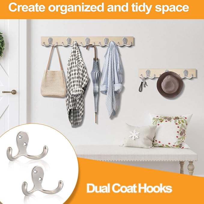 CBWLWJ 10 Pack Coat Hooks Wall Hooks for Hanging, Heavy Duty Double Prong Metal Hook Wall Mounted for Living Room, Bathroom, Kitchen, Bedroom for Coat, Bag, Scarf, Towel, Hat, Key, Cup (Silver)