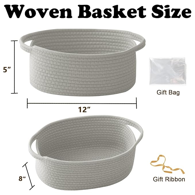 Small Woven Rope Basket-Empty Gifts Basket with Bag and Ribbons,Cute Handle Organizer Box for Birthday/Baby Shower, Toy Storage, Nursery Organizing & Shelf Decor(Grey)