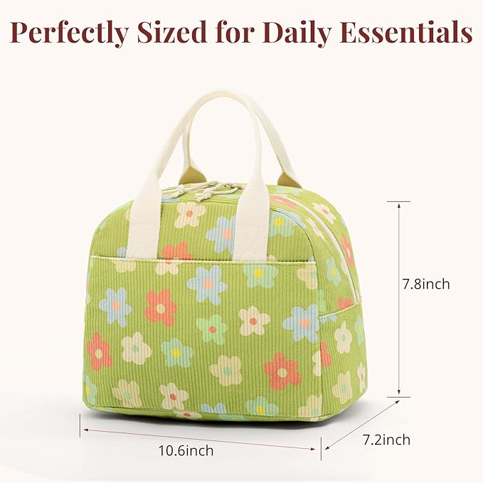 LOVELYWIND Insulated Floral Green Lunch Bag for Women, Corduroy Tote with Aluminum Lining, Large Capacity Reusable Cooler for Work, Travel, Beach or Picnic, Floral Pattern Water-Resistant Lunch Box