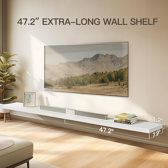 AMADA HOMEFURNISHING Floating Shelves Wall Mounted, 47 x 8 Inch Wall Shelves for Bathroom, Bedroom, Living Room, White Shelves Set of 2