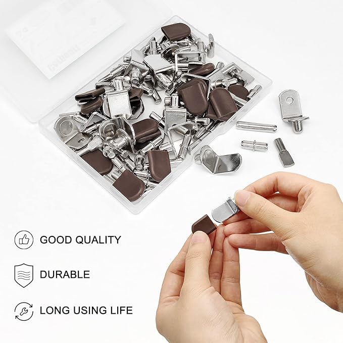 102Pcs Shelf Pins Pegs Kit,6 Styles Nickel Plated Shelf Support Pegs,Bookshelf Pegs for Shelves,L-Shaped Clips with Rubber Sleeve,Shelf Pins Holders for Furniture Glass Corner & Closet(5mm & 1/4inch)